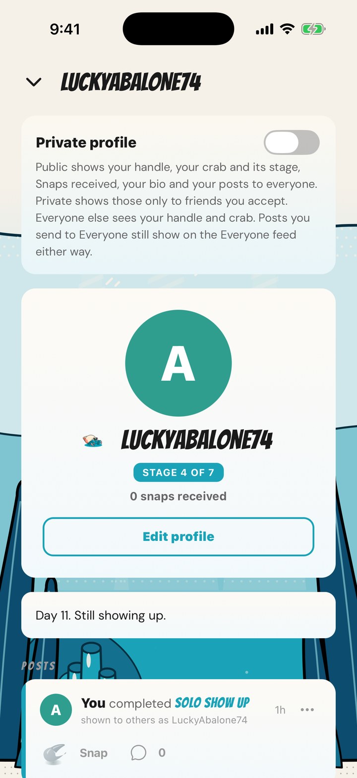 A Cove profile: a handle, a crab at stage 4 of 7, and a post